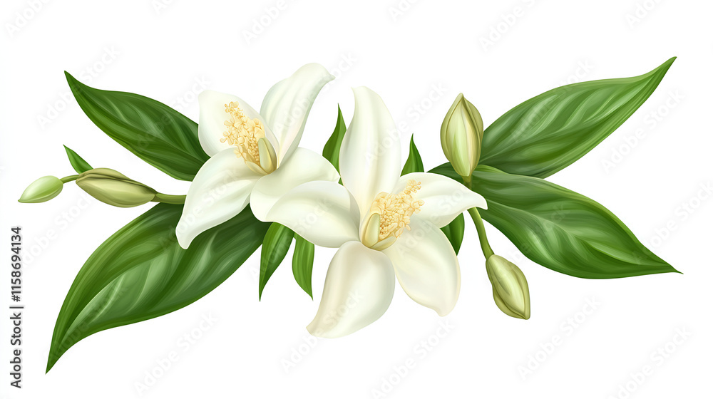 Obraz premium vanilla flower with pods and leaves isolated on white background 