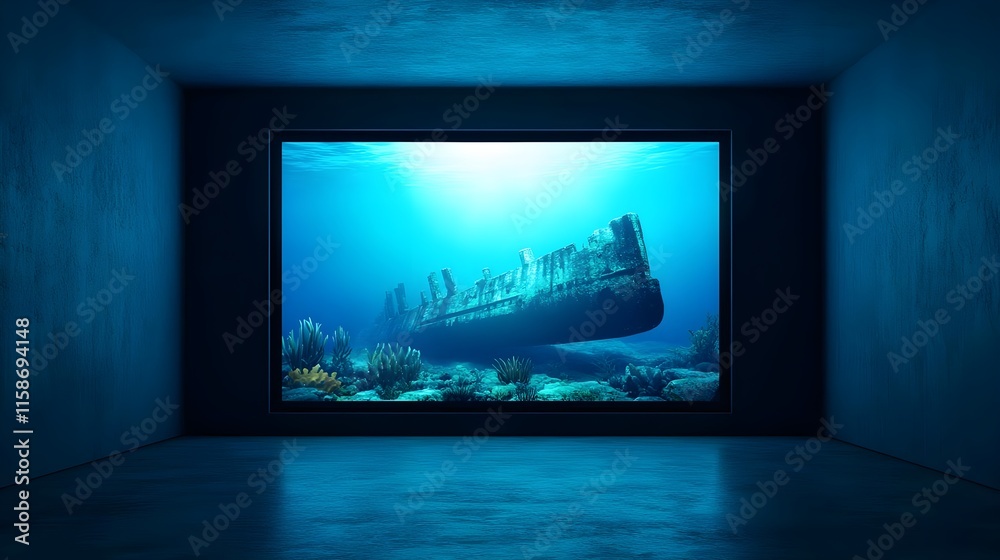 Fototapeta premium underwater shipwreck, dark room art - moody atmospheres