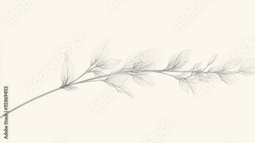 Delicate grayscale sprig with translucent leaves on a light background.