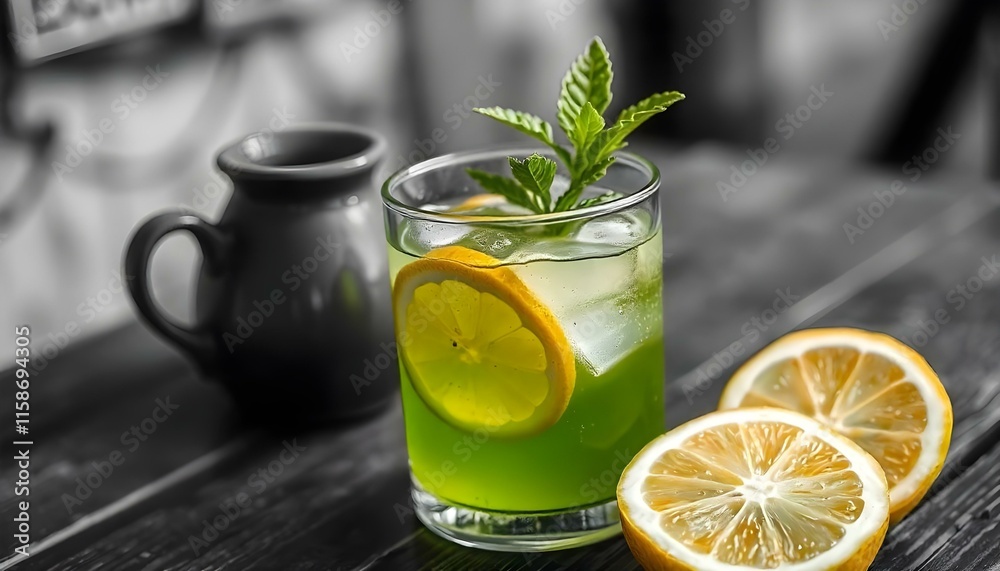 A chilled glass of iced green tea garnished with lemon slices and a sprig of fresh mint, condensation forming on the glass, set on a rustic outdoor table. Stock photography 32K, UHD, Ultra HD quality, A chilled glass of iced green tea garnished with lemon slices and a sprig of fresh mint, condensation forming on the glass, set on a rustic outdoor table. Stock photography 32K, UHD, Ultra HD quality,