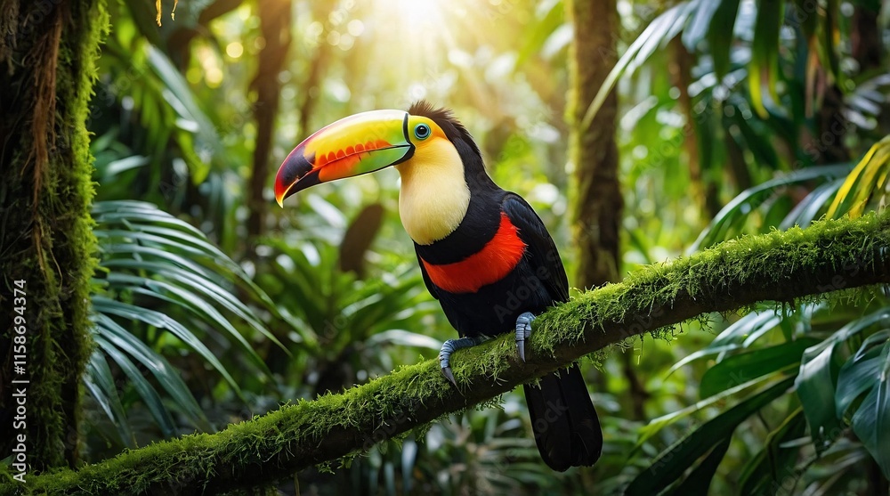 Vibrant toucan perched gracefully on a lush green branch amidst a tropical rain forest, basking in the warm sunlight that filters through the dense foliage Vibrant toucan perched gracefully on a lush green branch amidst a tropical rain forest, basking in the warm sunlight that filters through the dense foliage