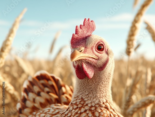 A detailed 3D turkey illustration amidst golden wheat fields under a clear blue sky, evoking a festive and joyful Thanksgiving mood. photo