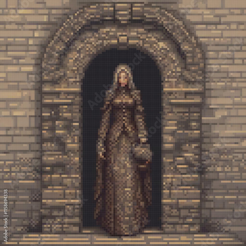 Woman stands front an archway holding book stone wall background