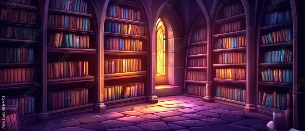 Dark and dusty castle library filled with ancient books and soft glowing light Dark and dusty castle library filled with ancient books and soft glowing light