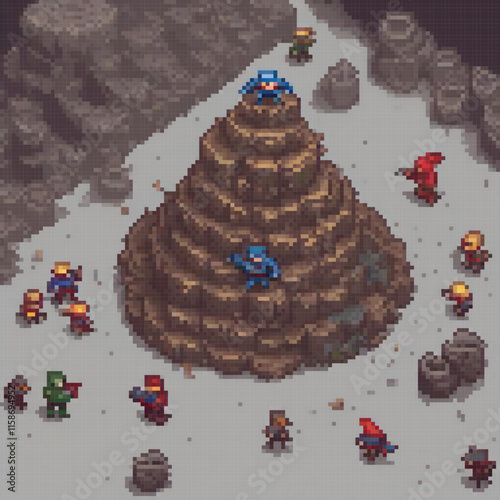 Group warriors some blue armor are gathered around large rocky structure scene is pixelated giving it unique artistic appearance