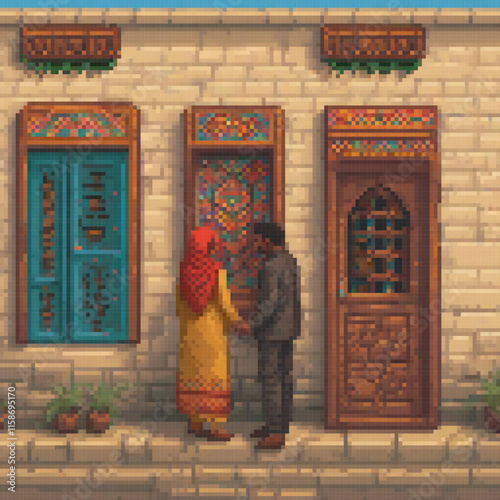 Pixel art depicts couple standing front building woman wearing yellow dress man black suit
