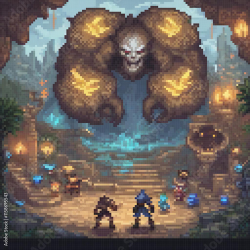Pixel art scene depicts group warriors jungle large creature looming over them