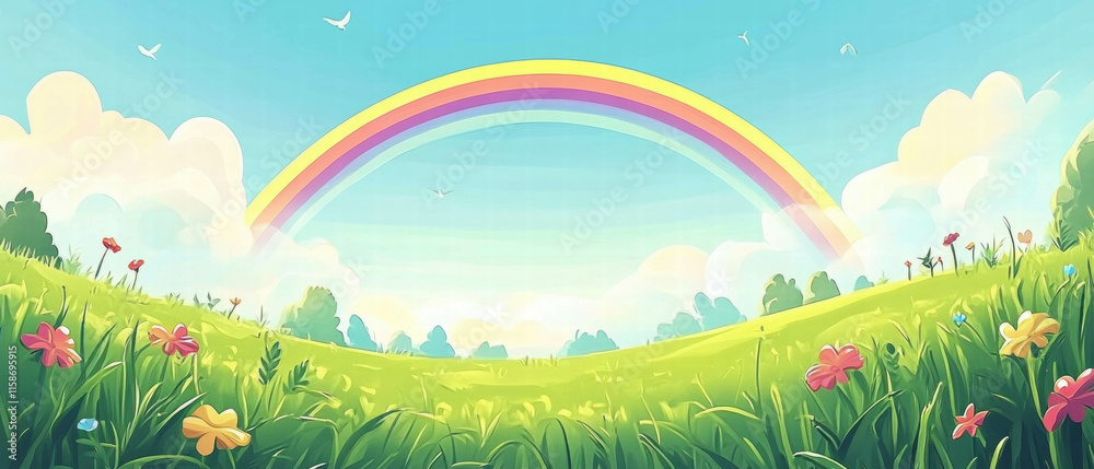 Bright field with a vibrant rainbow arching across a clear blue sky Bright field with a vibrant rainbow arching across a clear blue sky