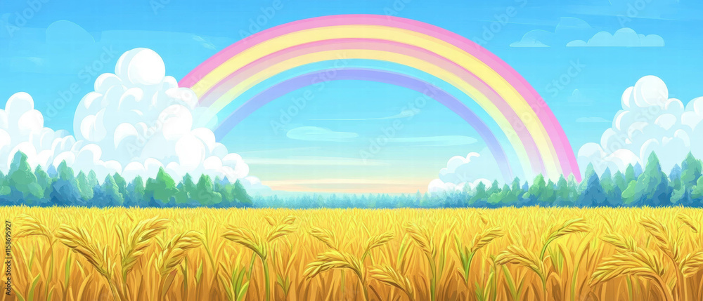 Vibrant field landscape with rainbow in a blue sky full of fluffy clouds Vibrant field landscape with rainbow in a blue sky full of fluffy clouds