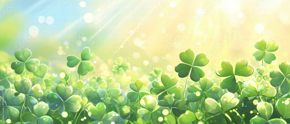 Bright and cheerful field of four-leaf clovers in a sunny background Bright and cheerful field of four-leaf clovers in a sunny background