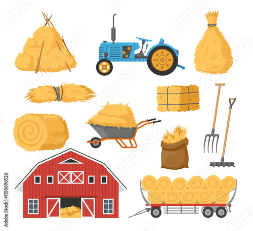 Haystacks and farm tools agriculture agrarian element set isometric vector illustration