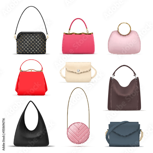 Ladies handbags elegant trendy fashionable bags with handles set realistic vector illustration
