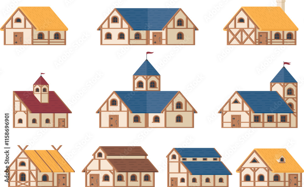Medieval village house exterior build structure set isometric vector illustration Medieval village house exterior build structure set isometric vector illustration