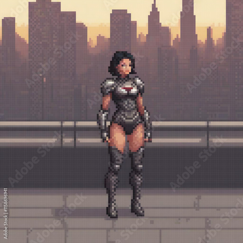 Woman futuristic outfit stands city rooftop skyline background