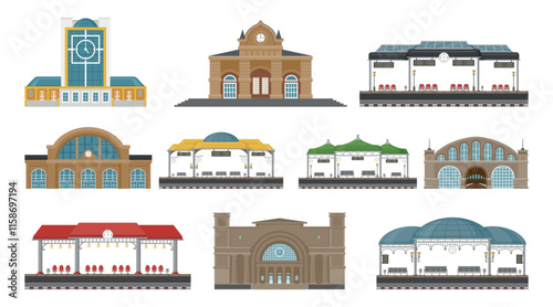 Railway station retro and modern public platform for train transportation set vector flat