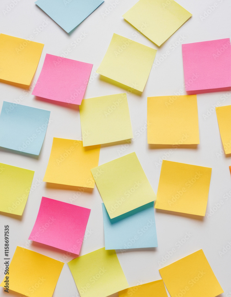 Colorful sticky notes arranged randomly on a white background, creating a vibrant and organized workspace aesthetic Colorful sticky notes arranged randomly on a white background, creating a vibrant and organized workspace aesthetic