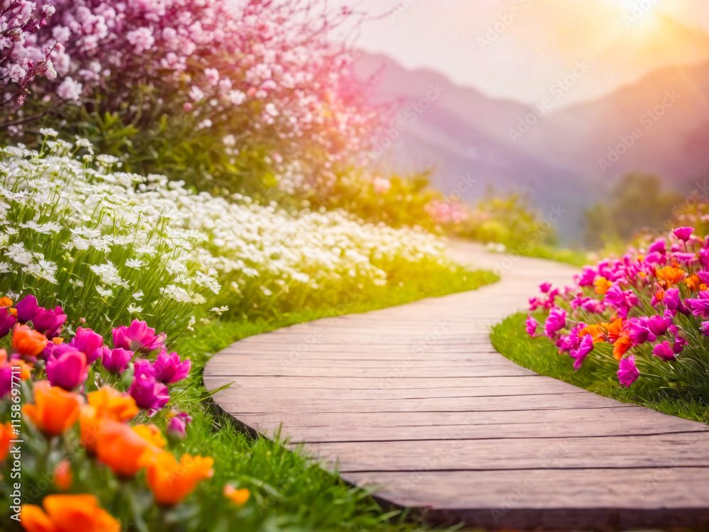 Obraz premium Wooden Path Through Blooming Spring Garden