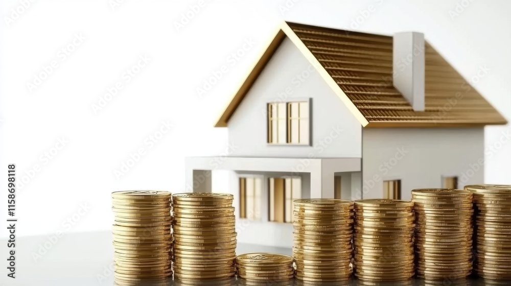 House and coin stack on white background illustrate rent cost management and home savings goals. Energy-efficient living, daily cost awareness, and AI-generated imagery for investment property dreams House and coin stack on white background illustrate rent cost management and home savings goals. Energy-efficient living, daily cost awareness, and AI-generated imagery for investment property dreams