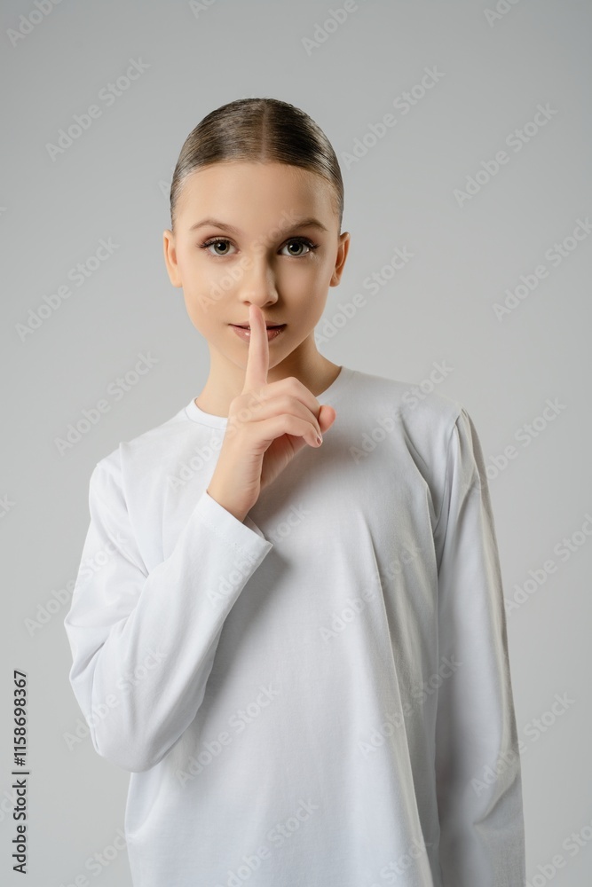 Young girl showcasing dance artistry with poised expression in studio setting Young girl showcasing dance artistry with poised expression in studio setting