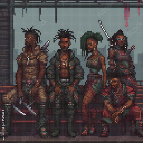 Group five people each unique features sit bench pixel art style