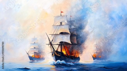 Wallpaper Mural Dramatic Oil Painting: Fiercely Burning Ships Battle at Sea. AI Generated Torontodigital.ca