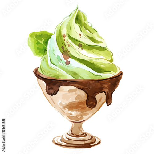 A watercolor vector painting of Italian gelato with pistachio and chocolate, isolated on a white background. Italian gelato vector.

