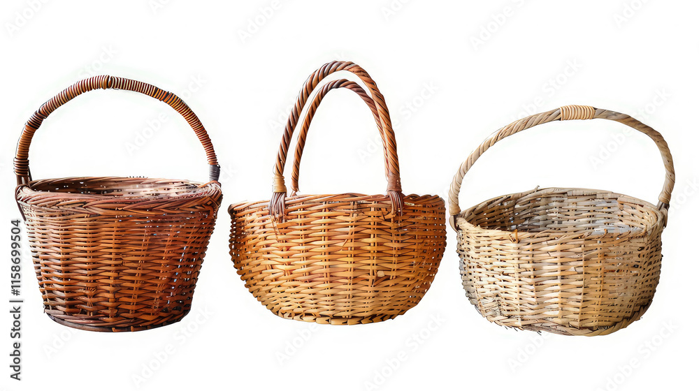 Three woven baskets with handles, varying in color and size. isolated on white background Three woven baskets with handles, varying in color and size. isolated on white background