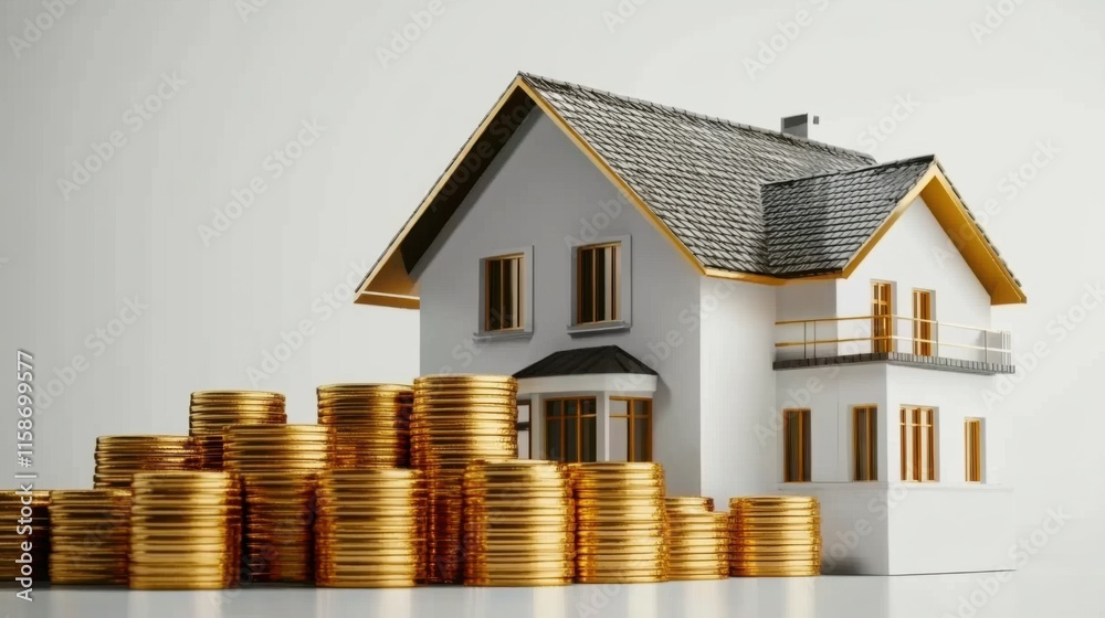 House and coin stack on white background illustrate rent cost management and home savings goals. Energy-efficient living, daily cost awareness, and AI-generated imagery for investment property dreams House and coin stack on white background illustrate rent cost management and home savings goals. Energy-efficient living, daily cost awareness, and AI-generated imagery for investment property dreams