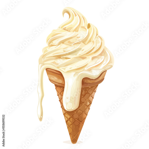 A watercolor vector painting of Italian gelato in a waffle cone, isolated on a white background. Italian gelato vector.


