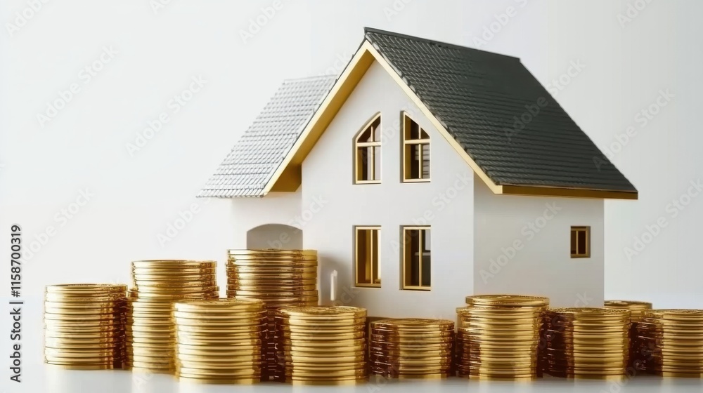 House and coin stack on white background illustrate rent cost management and home savings goals. Energy-efficient living, daily cost awareness, and AI-generated imagery for investment property dreams House and coin stack on white background illustrate rent cost management and home savings goals. Energy-efficient living, daily cost awareness, and AI-generated imagery for investment property dreams