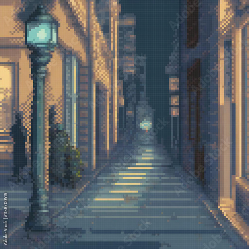Pixel art image city street night featuring street lamp shadows silhouette person