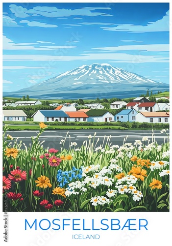 Mosfellsbær Iceland Travel Poster Flat Illustration Print Decor Gift Canvas Wall Art Gift photo