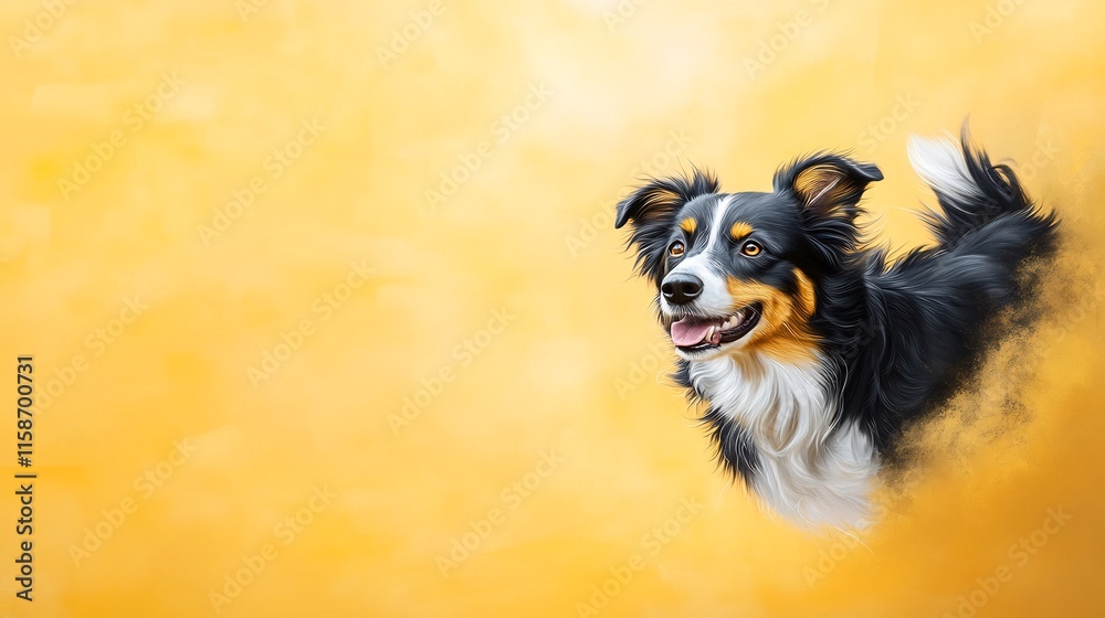Obraz premium Joyful Border Collie Portrait: Digitally Painted, Warmly Lit Canine Illustration. AI Generated