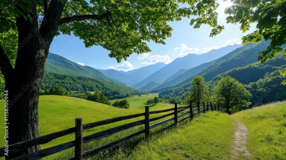 Serene valley view under blue sky image. Rolling green hills, wooden fence alongside dirt path photography scene wallpaper. Idyllic rural environment concept photorealistic photo Serene valley view under blue sky image. Rolling green hills, wooden fence alongside dirt path photography scene wallpaper. Idyllic rural environment concept photorealistic photo
