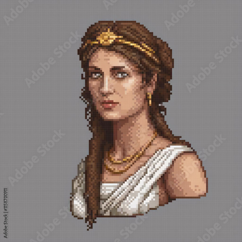 Woman golden headband necklace white dress standing pixel art background