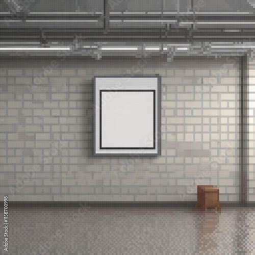 Room white frame wooden stool brick wall frame is pixelated giving it unique appearance