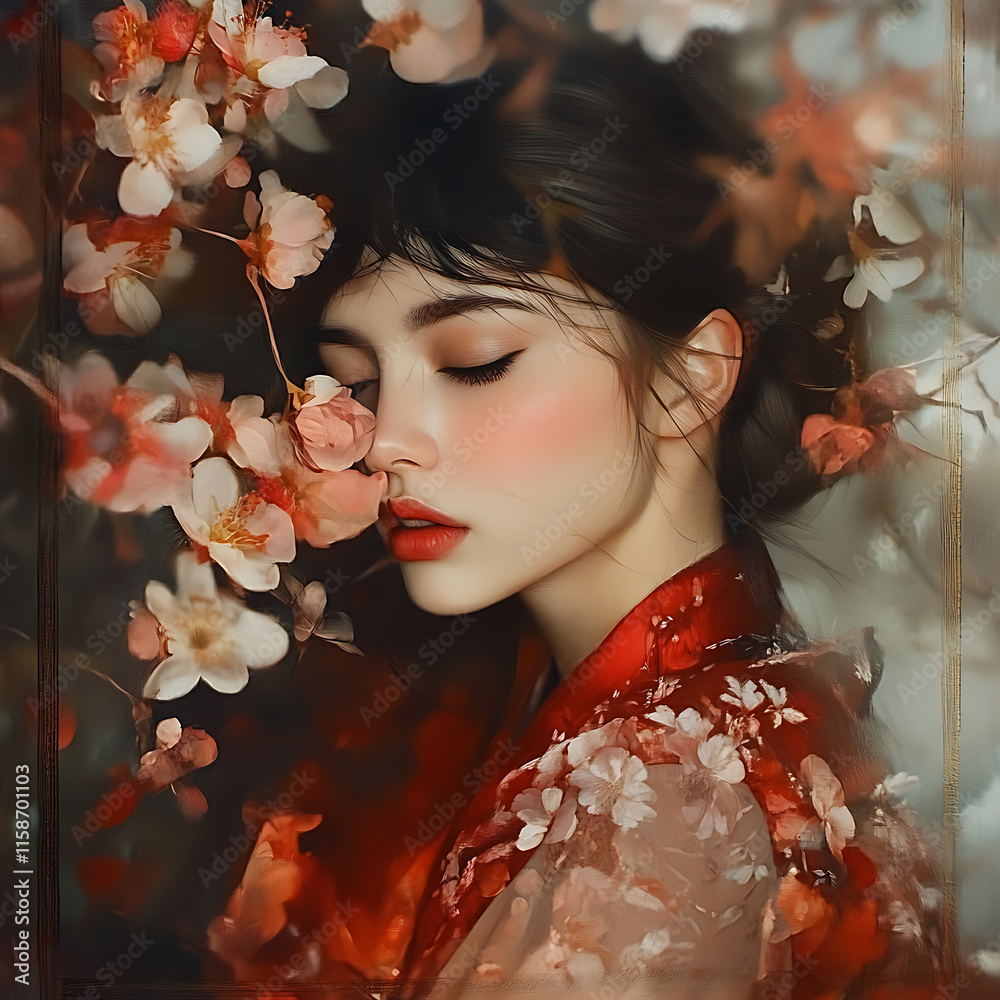 Fototapeta premium A woman is depicted in a red and white floral dress