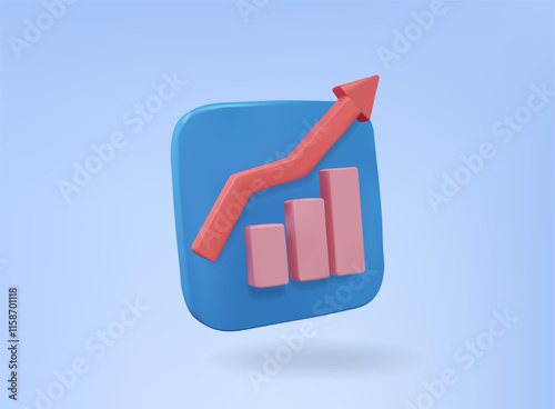 3D illustration. Vector rendering of a pink bar graph icon and a red arrow pointing up. which indicates growth or a positive trend Minimalist and modern style for business, finance or data analysis.