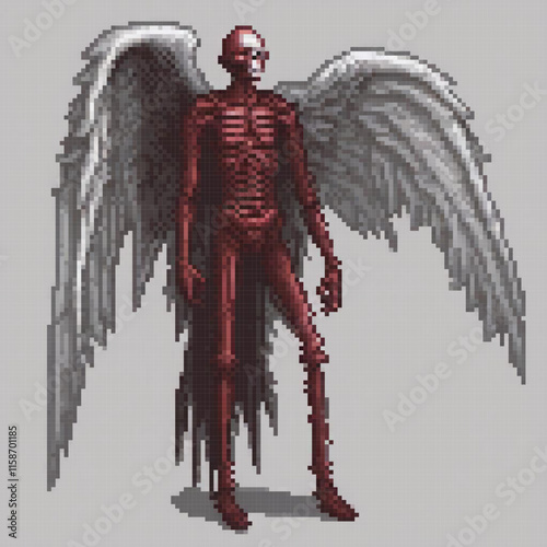 Pixel art image depicts skeletal figure wings standing gray background