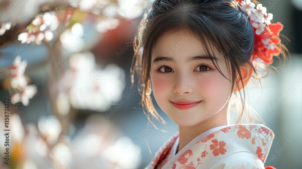A smiling girl in a traditional kimono stands before blooming cherry blossoms. A smiling girl in a traditional kimono stands before blooming cherry blossoms.
