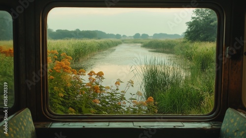 Obraz na płótnie Wildflowers by tranquil stream from train window image. Lush green reeds and trees, rural waterway travel photography scene wallpaper. Peaceful journey concept photorealistic photo w salonie