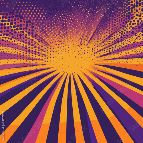 Vibrant pop art banner with halftone effects featuring orange and purple stripes