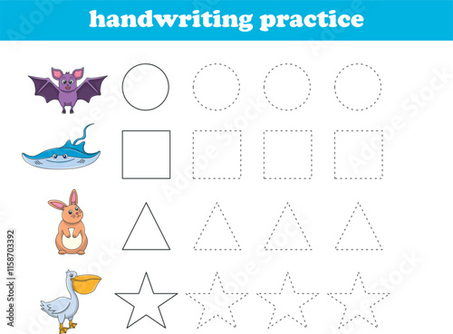 Handwriting Practice. Tracing lines of different shape for kids with animals. Vector Illustration