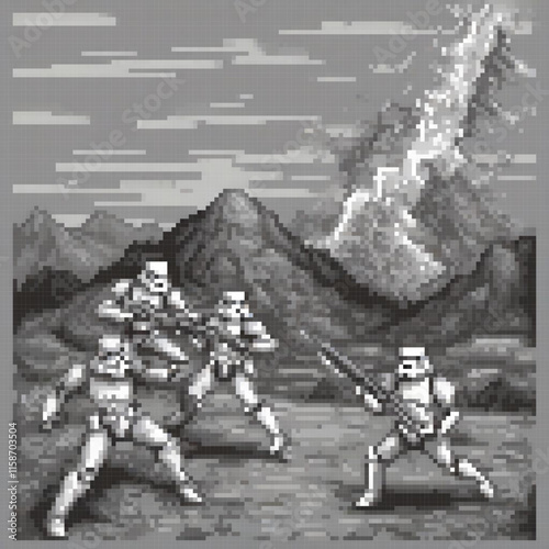 Three storm troopers pixel art one gun another sword third shield standing rocky terrain