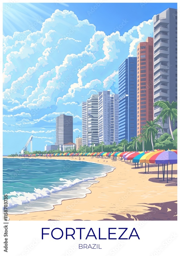 Obraz premium Fortaleza Brazil Travel Poster Flat Illustration Print Decor Gift Canvas Wall Art Gift