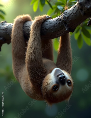 Adorable Sloth Hanging Upside Down On Branch Lush Green Forest