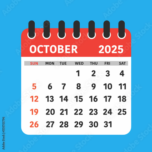 October 2025 Calendar Leaf. This flat-style calendar features a modern design showcasing the month of October 2025.