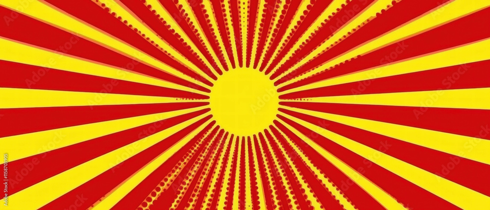 Fototapeta premium Bright red and yellow pop art banner illustration with halftone effects and rays design