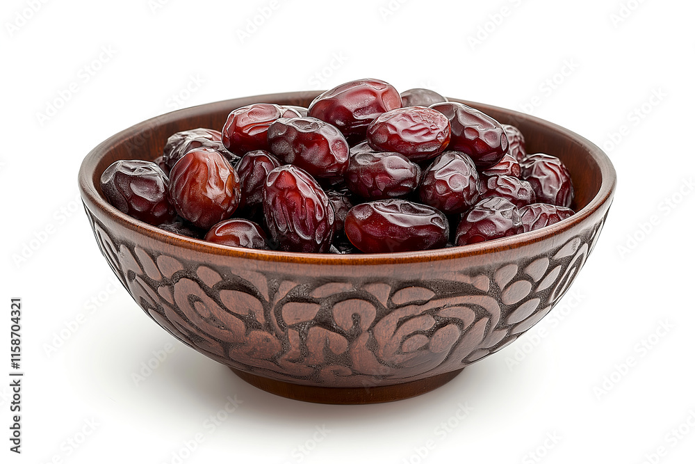 Dried date fruits in a wooden bowl isolated on white background. Food design element. Traditional middle eastern cuisine during Ramadan celebrations, Iftar, Suhoor meals in the holy month of Ramadan Dried date fruits in a wooden bowl isolated on white background. Food design element. Traditional middle eastern cuisine during Ramadan celebrations, Iftar, Suhoor meals in the holy month of Ramadan