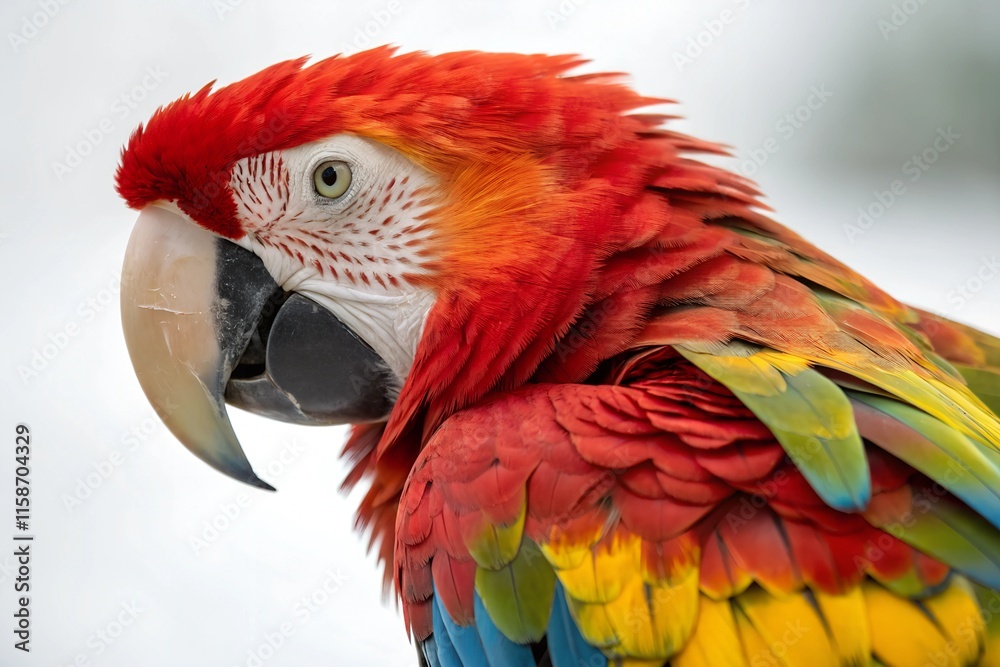 A Scarlet Macaw parrot with bright red, yellow, blue and green feathers A Scarlet Macaw parrot with bright red, yellow, blue and green feathers